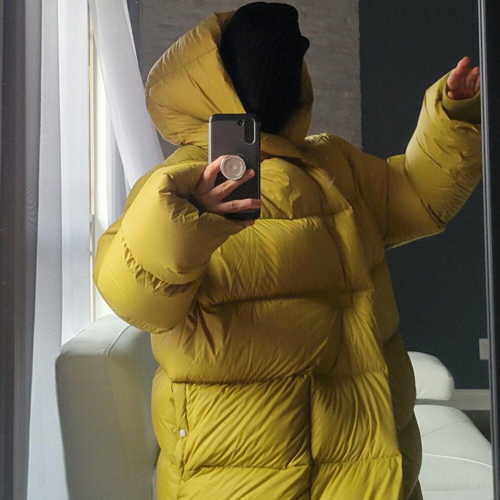 RICK OWENS LS Hooded puffer coat Yellowish Green IT size 50 US 40 SHOW STOPPER